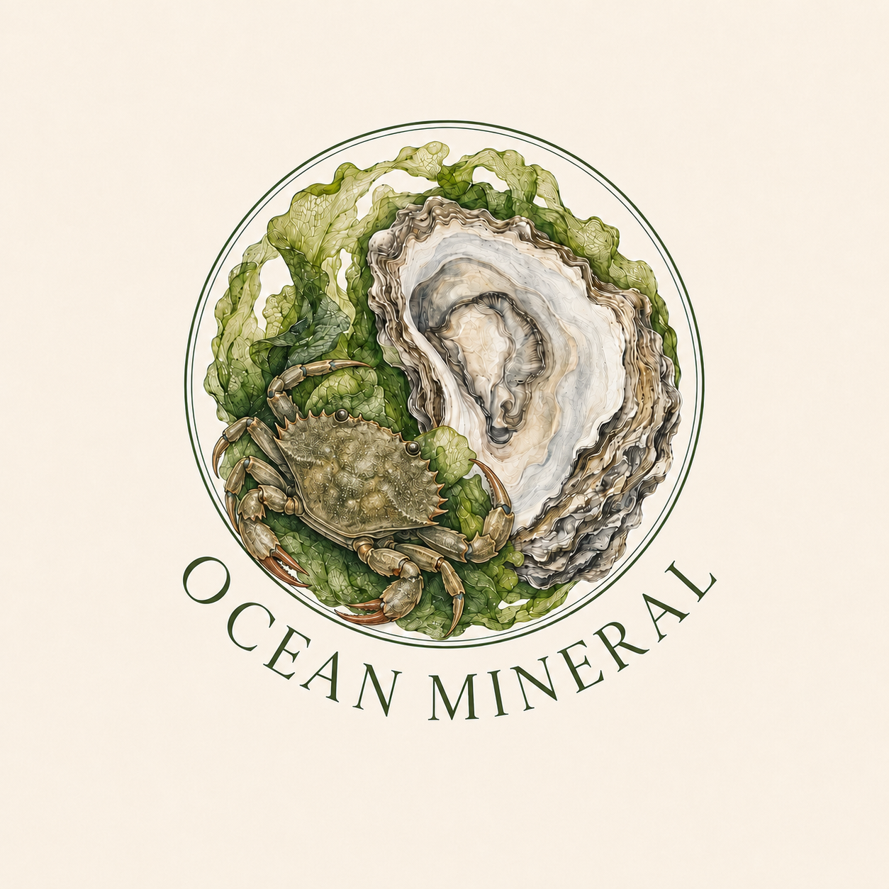 Ocean Mineral emblem featuring an oyster, sea lettuce and a 5-point crab